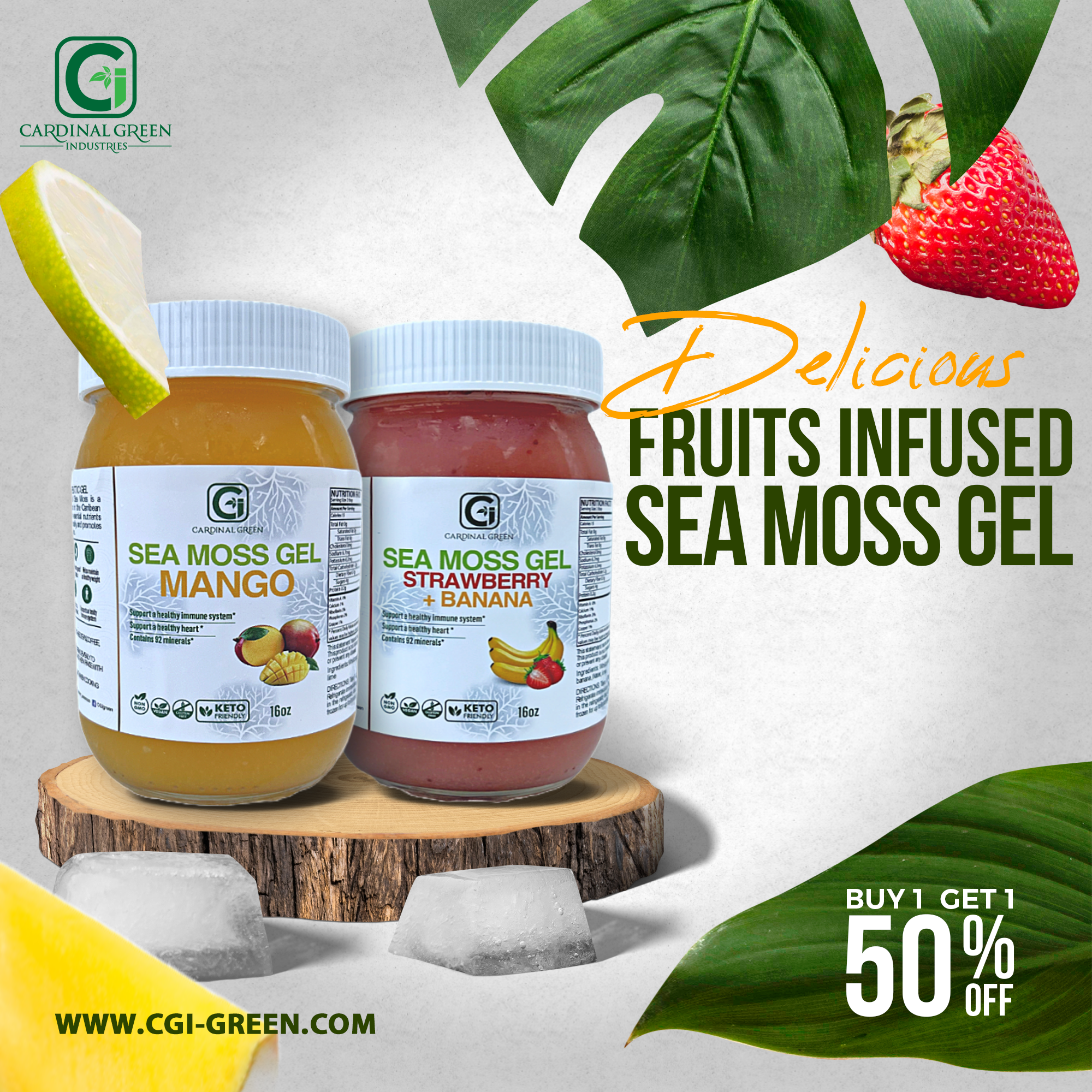 Jars of fruit-infused sea moss gel from CGI Green