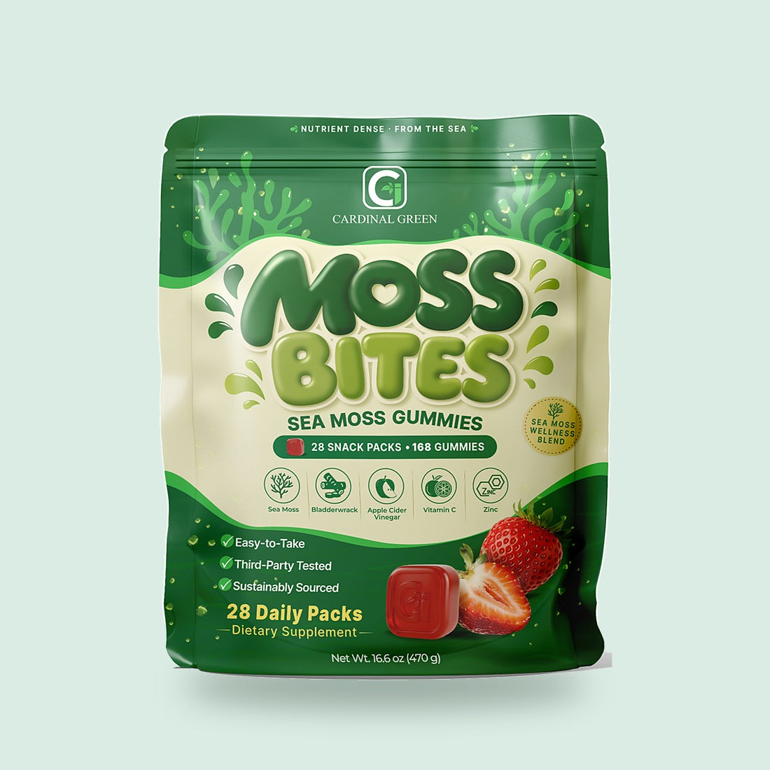 A bag of Moss Bites sea moss gummies, 28 daily snack packs