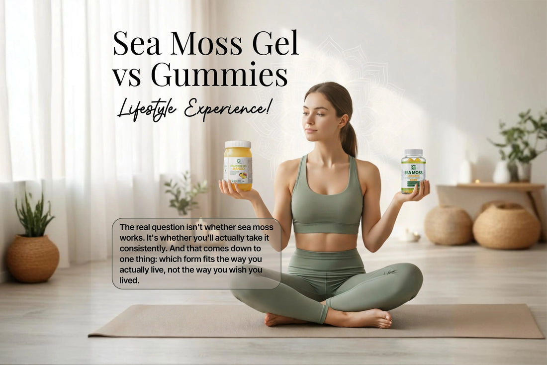 Side-by-side comparison of CGI-Green sea moss gel jar and sea moss gummies bottle