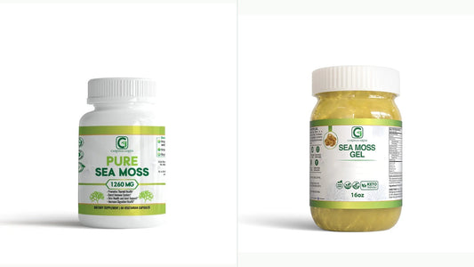 Sea moss capsules and sea moss gel side by side — wildcrafted Caribbean by CGI-Green.