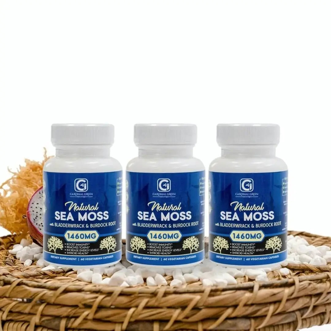 3 - 60ct Natural Sea Moss With Bladderwrack & Burdock Root Supplements 1460mg - CGI Green