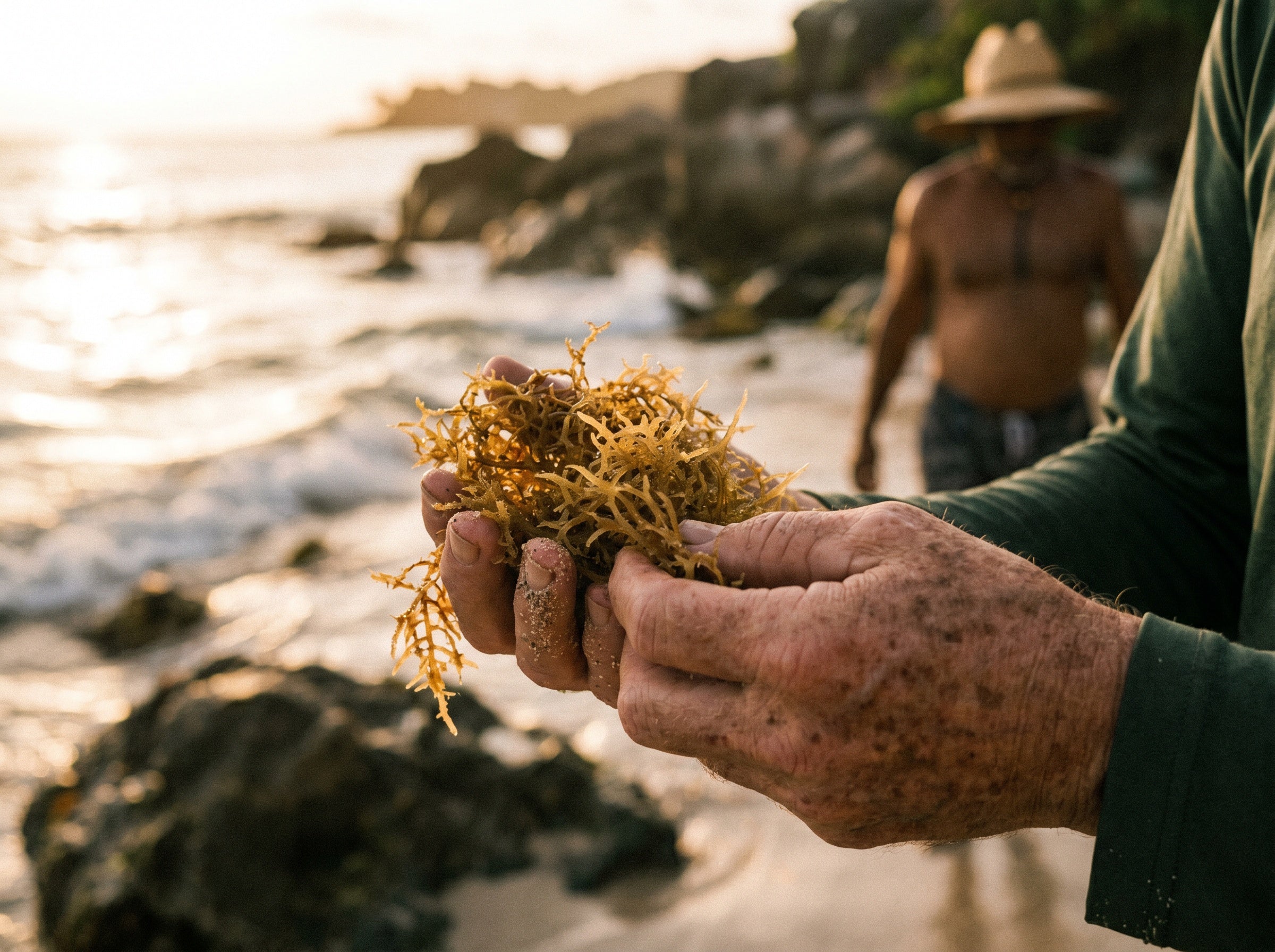 Hands holding freshly harvested Caribbean sea moss