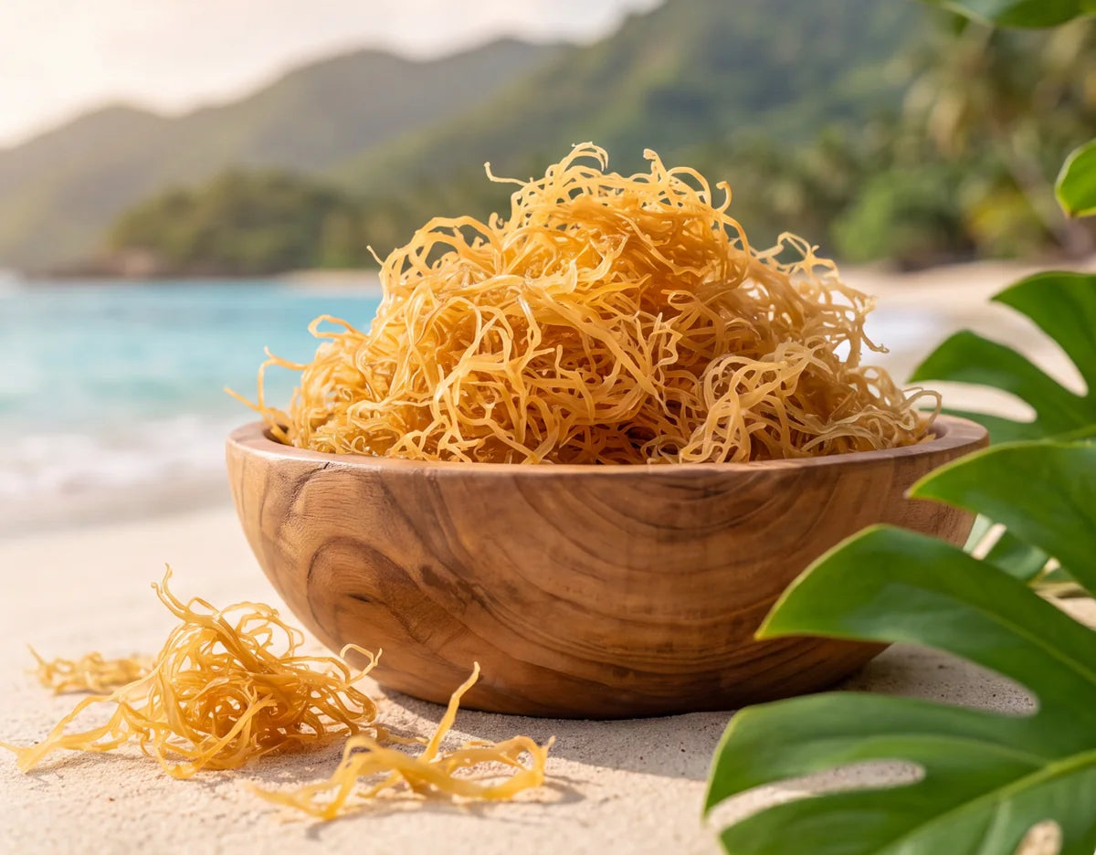 A wooden bowl of dried wildcrafted golden Caribbean sea moss on a beach