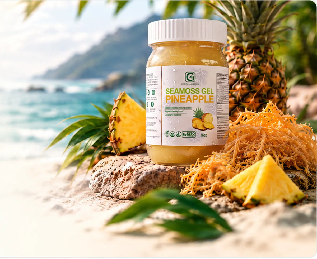 CGI-Green Pineapple Sea Moss Gel with fresh pineapple and wildcrafted sea moss on a Caribbean beach