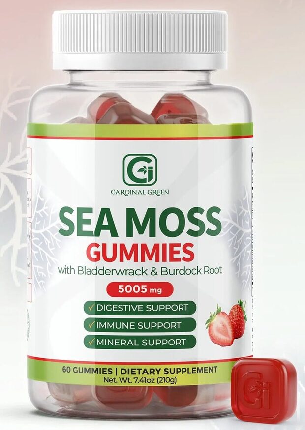 A bottle of CGI-Green Sea Moss Gummies with bladderwrack and burdock root, 60 count