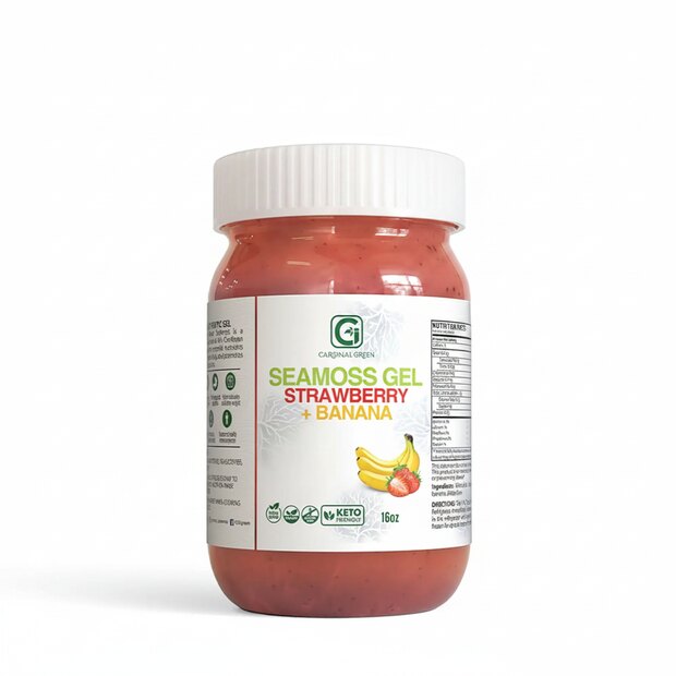 A 16 oz jar of CGI-Green Strawberry Banana fruit-infused sea moss gel