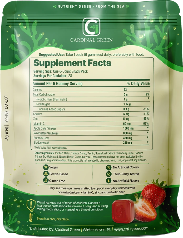 Back of the Moss Bites pouch showing the full printed Supplement Facts panel, suggested use, and ingredient list
