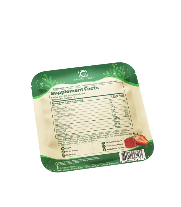 Back of a Moss Bites daily snack pack showing the Supplement Facts panel