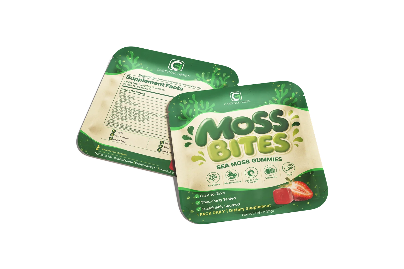 Front and back of the Moss Bites daily snack pack side by side