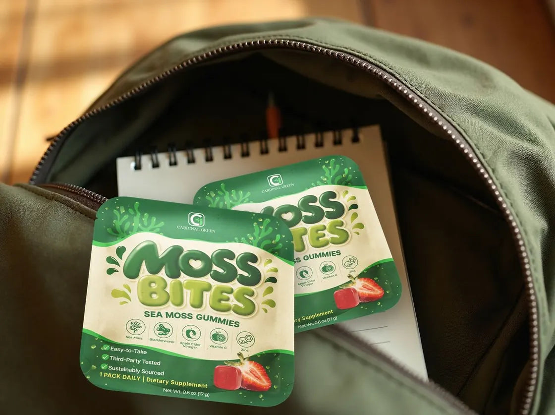 Two Moss Bites daily packs tucked into a canvas backpack with a notebook