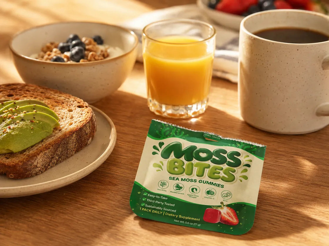 A Moss Bites daily pack on a breakfast table beside toast, granola, juice and coffee