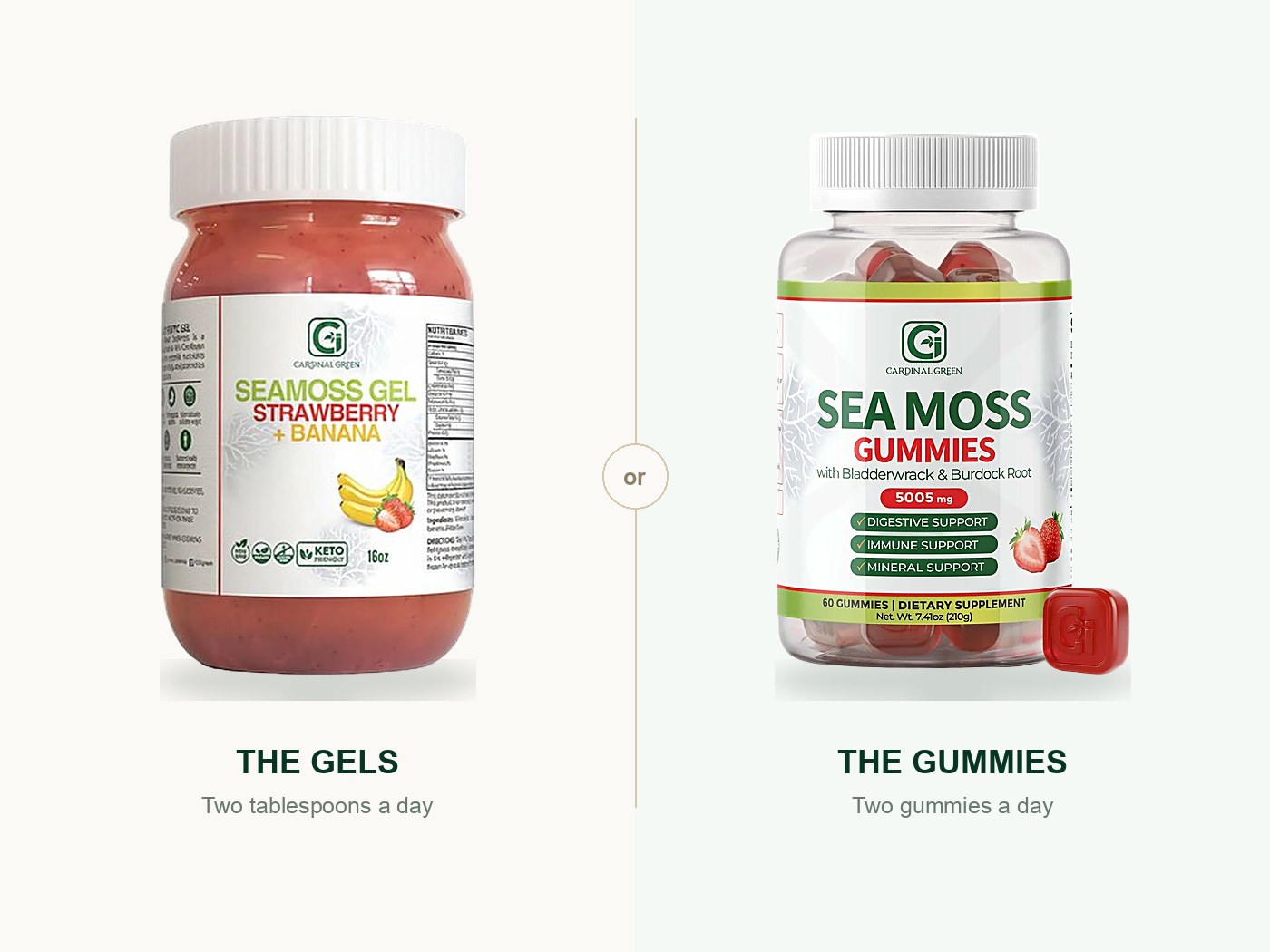 Side by side: a jar of CGI-Green Strawberry Banana SeaMoss Gel labelled two tablespoons a day, and a bottle of CGI-Green Sea Moss Gummies labelled two gummies a day