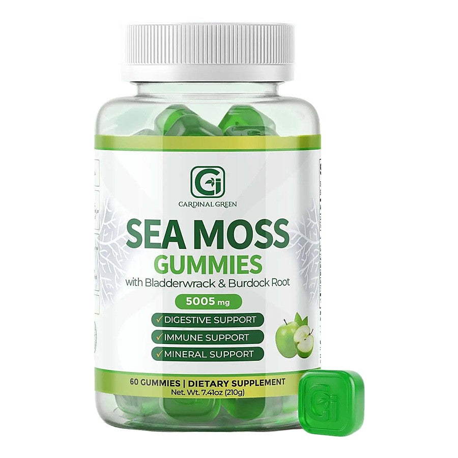 A bottle of CGI-Green Sea Moss Gummies, 60 count
