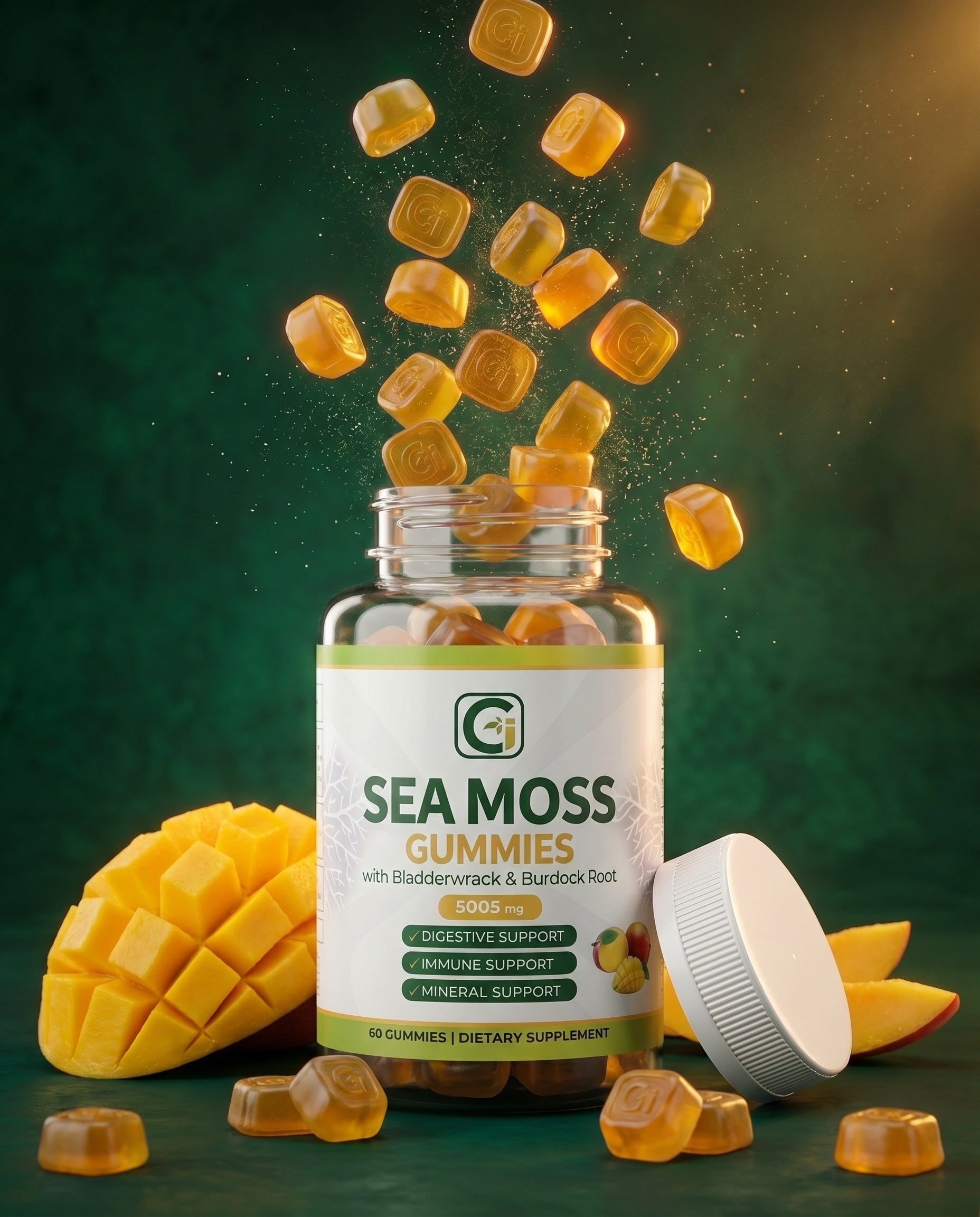 CGI-Green Mango Sea Moss Gummies — square Gi-embossed gummies spilling from an open bottle with fresh mango